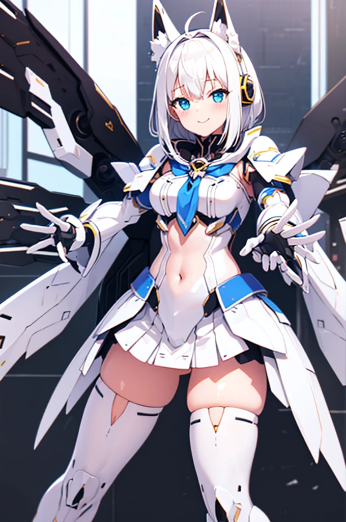 mecha wings、white and yellow skirt、Accentuated thighs、White tights、chest、Beautiful white hair、1 girl、solo girl、Thick thighs、IS、Frame Arms Girl、Alice Gere Aegis、White Armor、income、headphone、hand on own chest、smile、Idol Costume