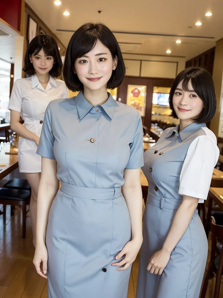 Highest quality、masterpiece、8k、Very detailed、Realistic、One person、Looking at me with a smile、whole body、Black Hair、Short Hair、Small face、Slender、Big Breasts、Thin and beautiful legs、narrow and constricted waist,、(Family Restaurant Uniforms:1.2)