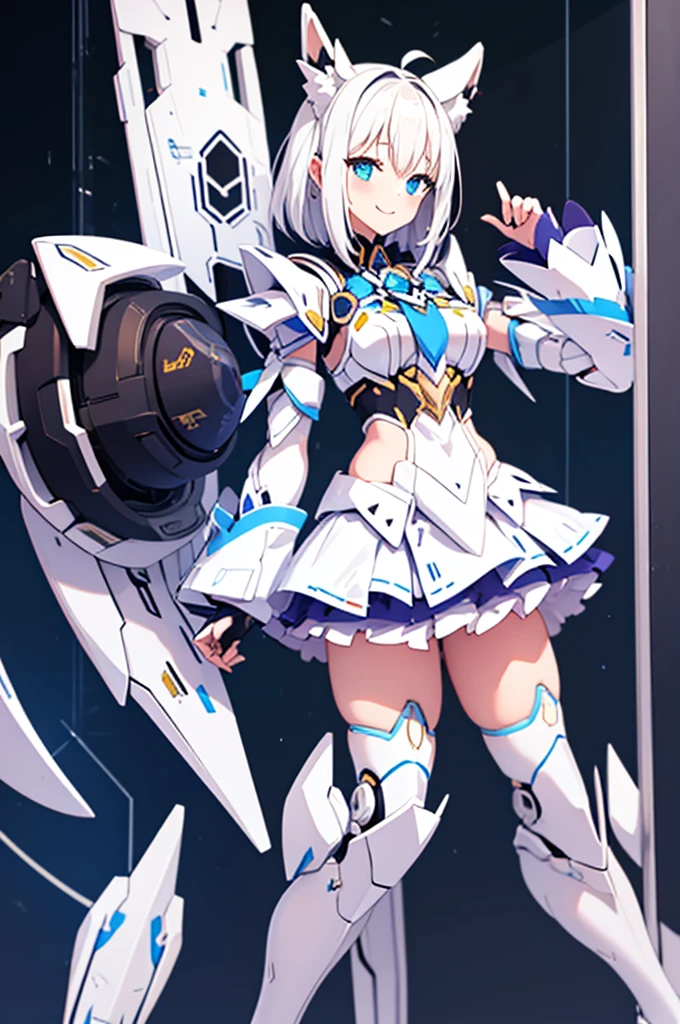 mecha wings、Yellow Skirt、Accentuated thighs、White tights、chest、Beautiful white hair、1 girl、solo girl、Thick thighs、IS、Frame Arms Girl、Alice Gere Aegis、White Armor、Blue and purple lines、income、headphone、hand on own chest、smile、Idol Costume