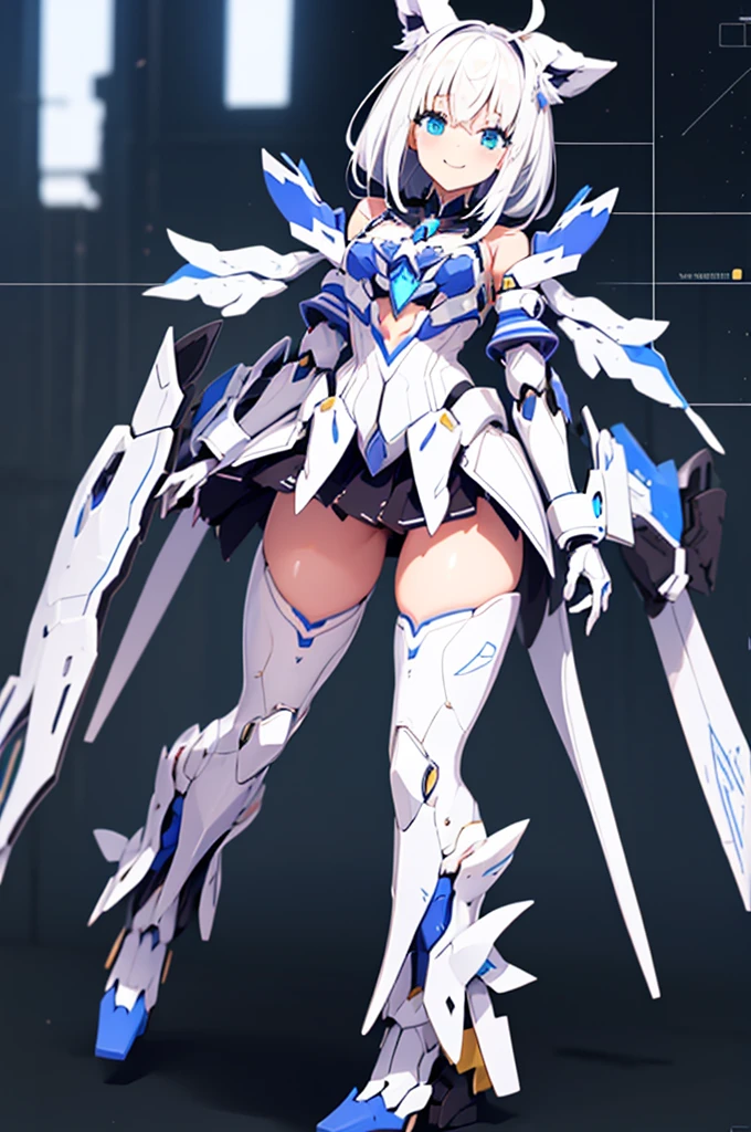 mecha wings、Yellow Skirt、Accentuated thighs、White tights、chest、Beautiful white hair、1 girl、solo girl、Thick thighs、IS、Frame Arms Girl、Alice Gere Aegis、White Armor、Blue and purple lines、income、headphone、hand on own chest、smile、Idol Costume