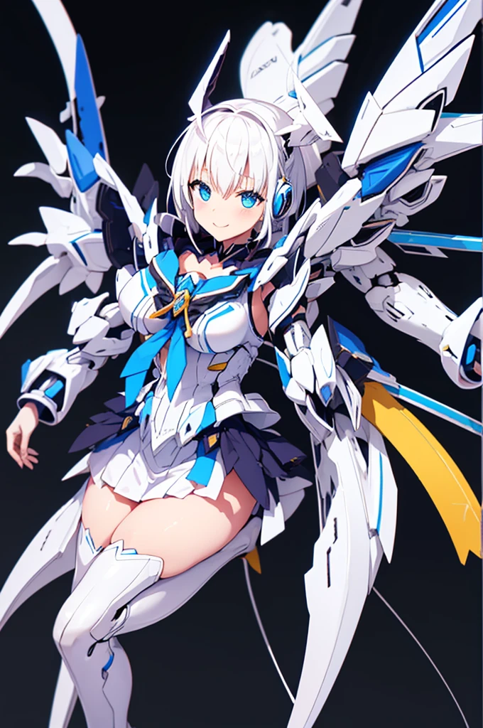 mecha wings、Yellow Skirt、Accentuated thighs、White tights、chest、Beautiful white hair、1 girl、solo girl、Thick thighs、IS、Frame Arms Girl、Alice Gere Aegis、White Armor、Blue and purple lines、income、headphone、hand on own chest、smile、Idol Costume