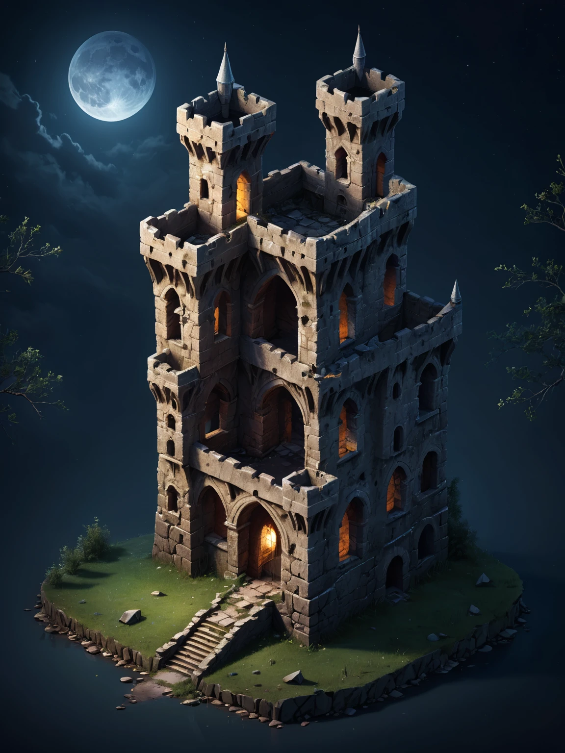 isometric abandoned ruined castle, night scene, zavy-ctsmtrc