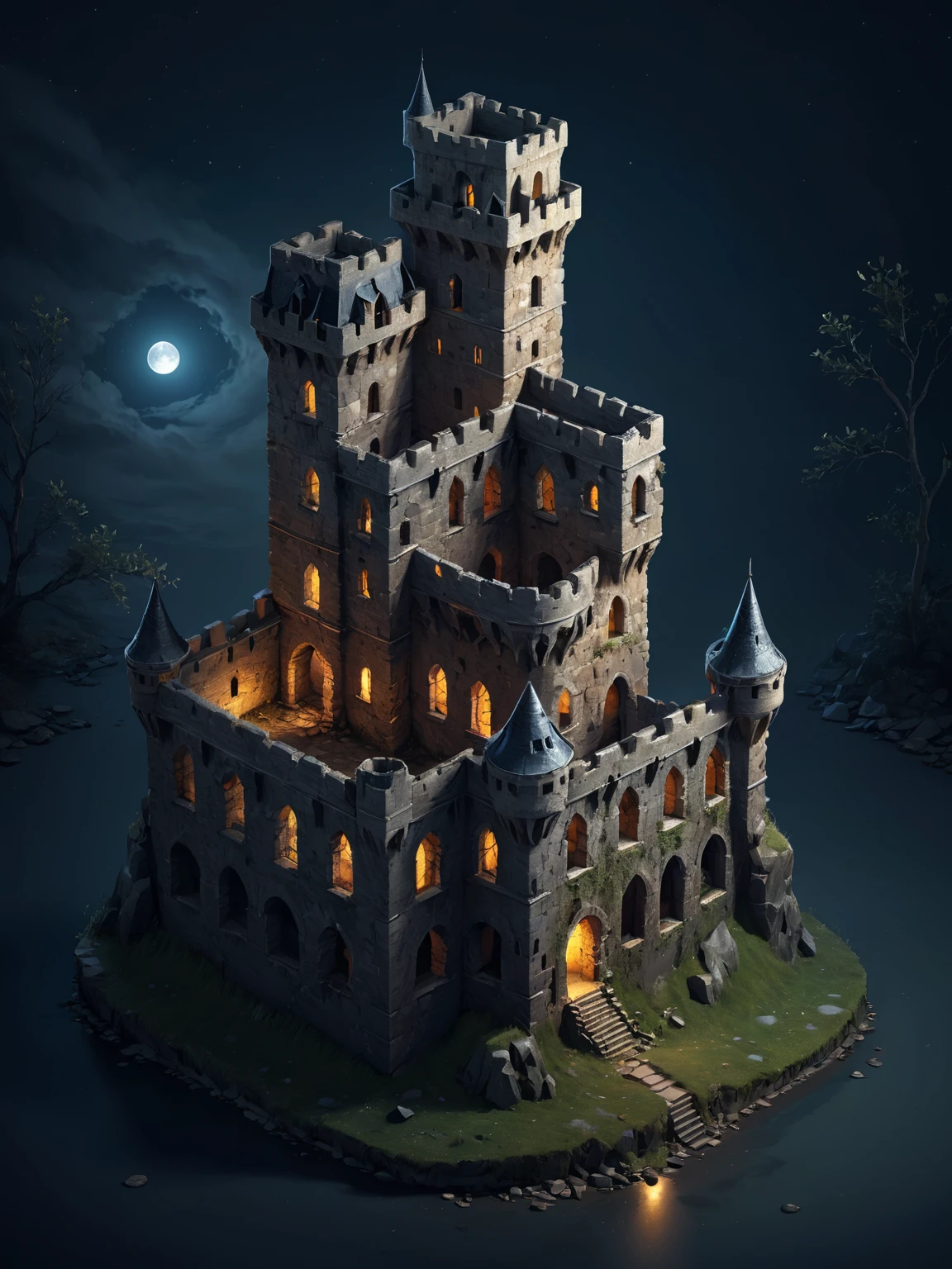 isometric abandoned ruined castle, night scene, zavy-ctsmtrc