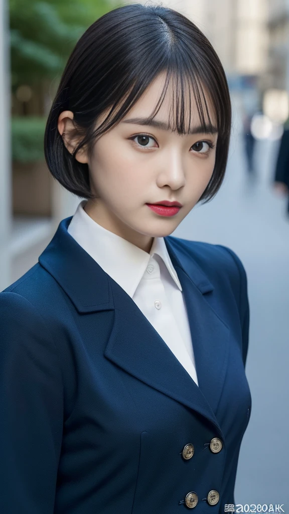 ((Best image quality, 8k, masterpiece:1.3))、Short black hair、Ultra-fine face、Photograph the whole body、Detailed eyes、double eyelid、Street、Royal Navy Uniforms、Navy blue military uniform、Royal Navy、Rank of lieutenant、Medium sized breasts:1.2
