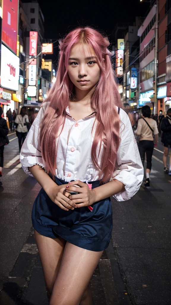Tokyo, Kabukicho, long hair fluttering in the wind, pink hair, high definition, dress