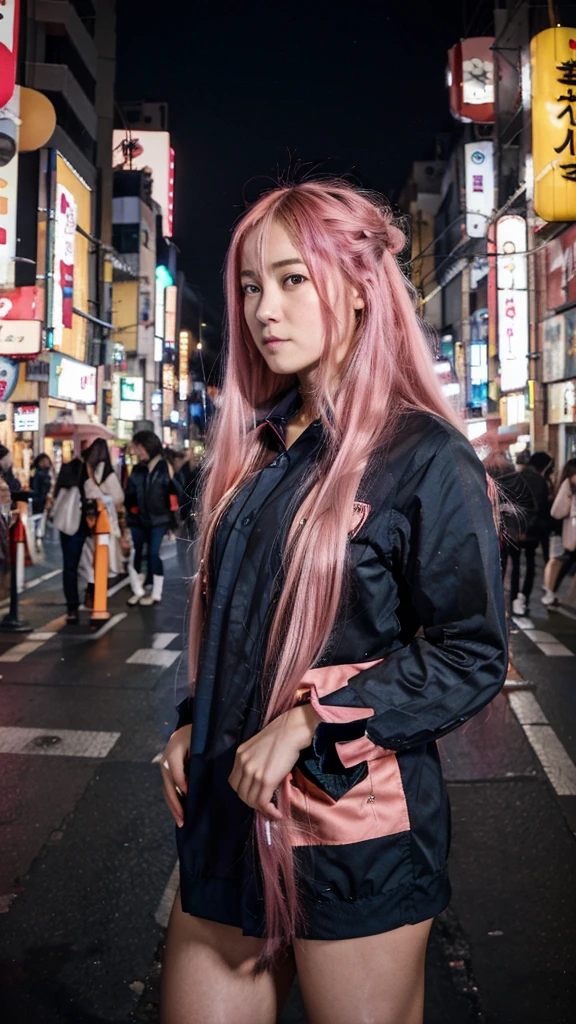 Tokyo, Kabukicho, long hair fluttering in the wind, pink hair, high definition, dress