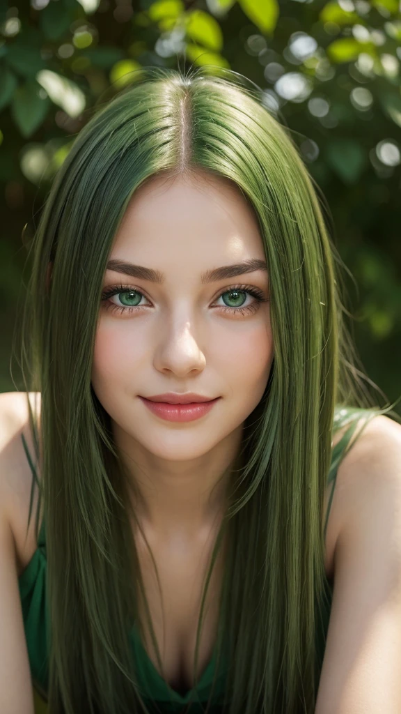 a girl.  face sent feeling.  Europe.  Oval face.  long face.  delicate facial features.  gentle eyes.  seductively seductive.  green eyes.  long straight hair.  green hair.  Red lips.  smile