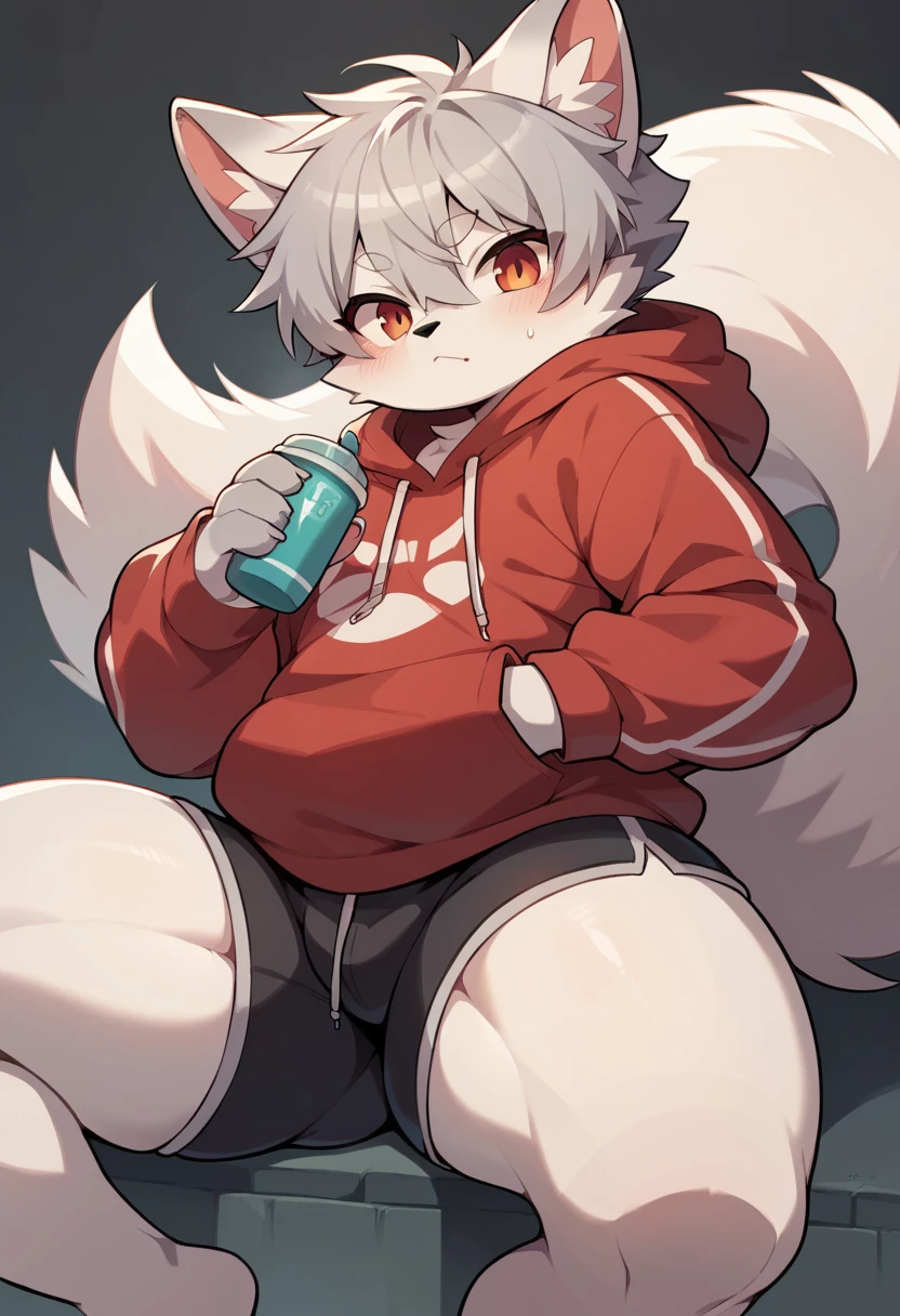 furry beast, White fur, gray hair,Hoodies, White Fox Shota,Fox ears end in black,Foxtail tip black,Fat thighs,fit, best quality