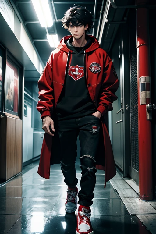 (tmasterpiece, high resolution, ultra - detailed:1.0), (1 male), Eyes looking at the camera, Perfect male body, Delicate eyes and delicate face, Extremely detailed CG, 8K wallpaper, Complicated details, solo person, Detailed face,(Red jacket, Black hoodie, wind coat, long black jeans, Red sneakers, Evil smile, Straight black hair, Messy hair, jail cell, underground room), color difference, Depth of field, dramatic shadow, Ray tracing, Best quality, Cinematic lighting, offcial art, Portrait