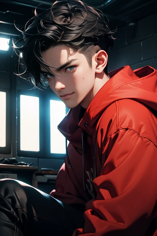 (tmasterpiece, high resolution, ultra - detailed:1.0), (1 male), Eyes looking at the camera, Perfect male body, Delicate eyes and delicate face, Extremely detailed CG, 8K wallpaper, Complicated details, solo person, Detailed face,(Red jacket, Black hoodie, wind coat, long black jeans, Red sneakers, Evil smile, Straight black hair, Messy hair, jail cell, underground room), color difference, Depth of field, dramatic shadow, Ray tracing, Best quality, Cinematic lighting, offcial art, Portrait