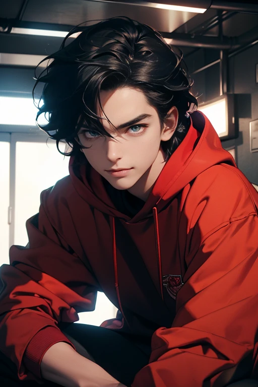 (tmasterpiece, high resolution, ultra - detailed:1.0), (1 male), Eyes looking at the camera, Perfect male body, Delicate eyes and delicate face, Extremely detailed CG, 8K wallpaper, Complicated details, solo person, Detailed face,(Red jacket, Black hoodie, wind coat, long black jeans, Red sneakers, Evil smile, Straight black hair, Messy hair, jail cell, underground room), color difference, Depth of field, dramatic shadow, Ray tracing, Best quality, Cinematic lighting, offcial art, Portrait