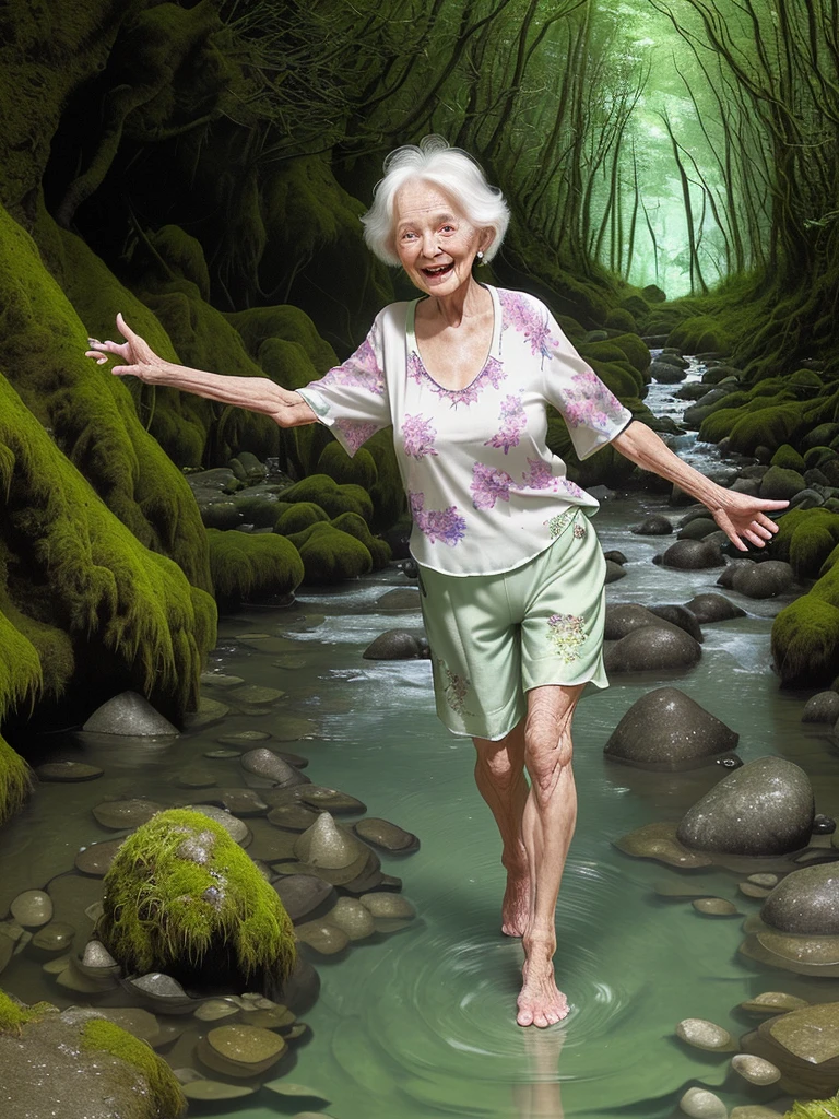 86 year old woman, happy and calm appearance,with baggy shorts,loose printed blouse, hair moving through the air, walking barefoot over a stream of crystal clear water, with pebbles and moss,