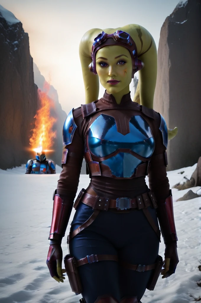 a ((fall body)) (((hera syndulla))) ((green skin ))
 ((female twi'lek ))mandalorian,walking on snow fire, beautiful detailed eyes, beautiful detailed lips, extremely detailed face, long eyelashes, mandalorian armor, sci-fi, cinematic lighting, dramatic, epic, intricate details, hyper-realistic, 8k, high-quality, photorealistic
