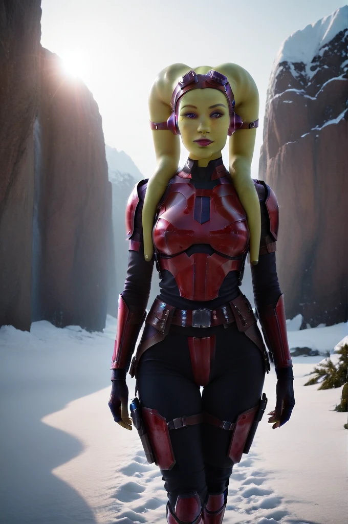 a ((fall body)) (((hera syndulla))) ((green skin ))
 ((female twi'lek ))mandalorian,walking on snow fire, beautiful detailed eyes, beautiful detailed lips, extremely detailed face, long eyelashes, mandalorian armor, sci-fi, cinematic lighting, dramatic, epic, intricate details, hyper-realistic, 8k, high-quality, photorealistic
