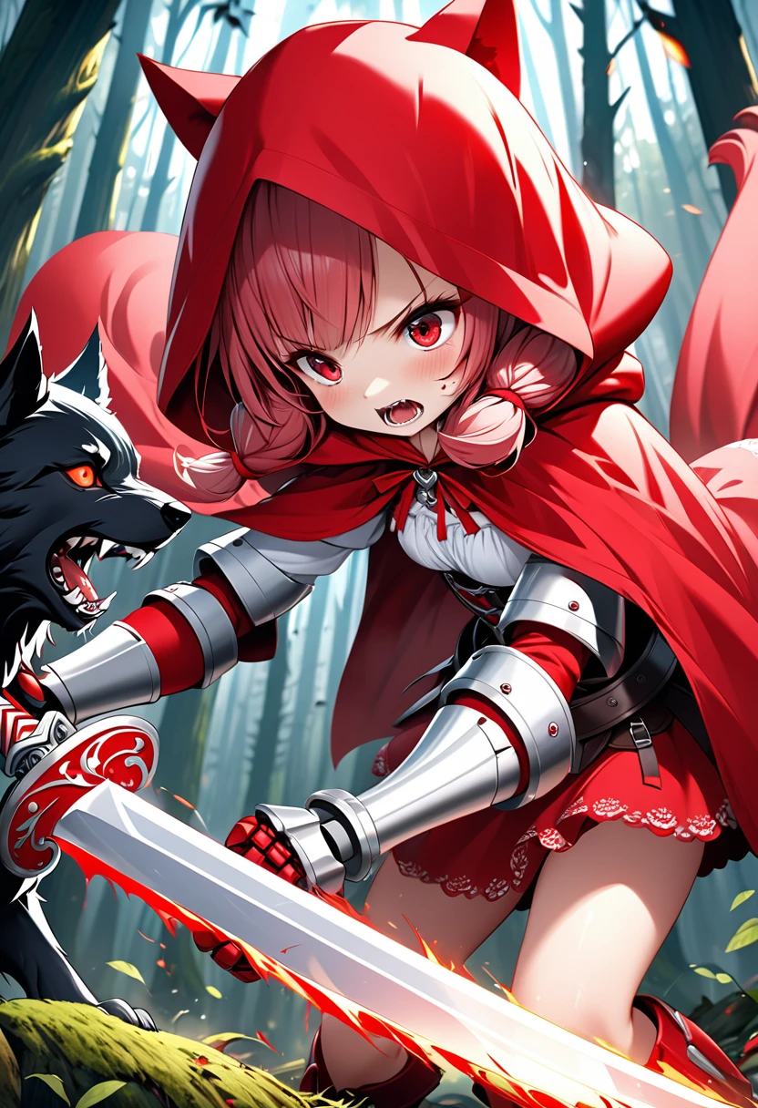 Fantasy CG art,Depicting the deadly battle between Little Red Riding Hood and the wolf,Little Red Riding Hood has a cute appearance,Red twin-tail hairstyle,she wears flashy red and white robot armor and a long red hood.(In both hands he holds a beautifully decorated red and white sword:1.2)The wolf is black in robot style.He is about to pounce on Little Red Riding Hood with a frightening expression on his face.A deadly battle in a mysterious forest,A tense and heated battle is unfolding.A view of Little Red Riding Hood from directly behind.High quality, high definition, 4k, 8k. Ultra detail,Ultra-fine painting,Vivid colors,