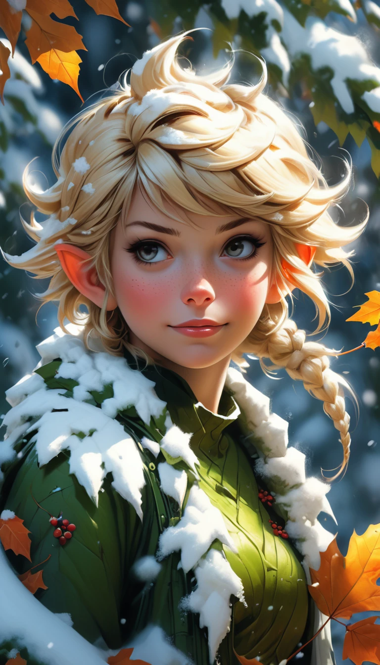 a snowy winter leaf pixie girl on a leaf in the snow, blonde hair, ahe snowy winter leaf pixie and the world of adventure, photo realism, 8k resolution, garden, trending on artstation, 4k, intricate details, highly detailed, pencil drawing, sketching, unreal engine, Caravaggio, greg rutkowski, loish, rhads, beeple, makoto shinkai and lois van baarle, ilya kuvshinov, rossdraws, tom bagshaw, alphonse mucha, oil painting, heavy strokes, paint dripping, oil painting, heavy strokes, paint dripping