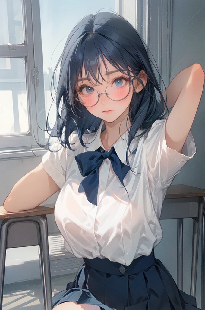 独奏、Big Breasts、(Dark blue pleated skirt Dark blue、Dark blue micro mini skirt dark blue、Sailor suit summer uniform、Short sleeve white shirt、Navy Blue Ribbon)、(Big Breasts、slim、Slimming、Muscular、Beautiful Abs、Bare thighs)、(White, pale pink or pale blue panties、BREAK Panty Drop、Stand with your legs spread wide、Raising his arms、Pussy、Pussyライン、Erotic thighs)、(I opened my mouth slightly、Sexy look、Blushing)、(Kyoto Animation Style、Dark blue shorthair、(Dark blue hair:1.7)、Blunt bangs、Hair between the eyes、Clear Eyes、Dark Eyes、Black-rimmed glasses)、NSFW、high school girl、high school、classroom、