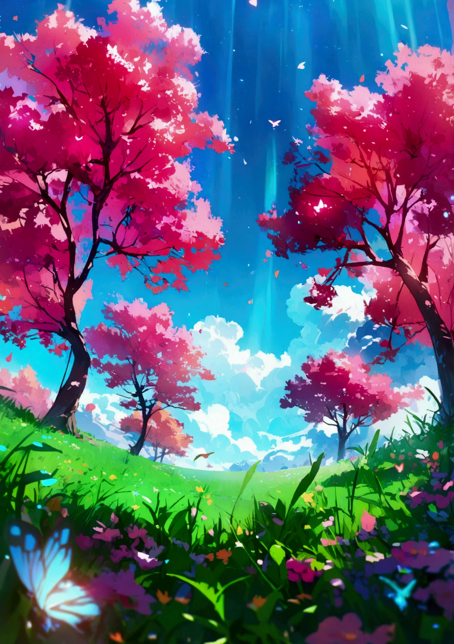 A beautiful clouds with grasslands beautiful glowing insects around trees