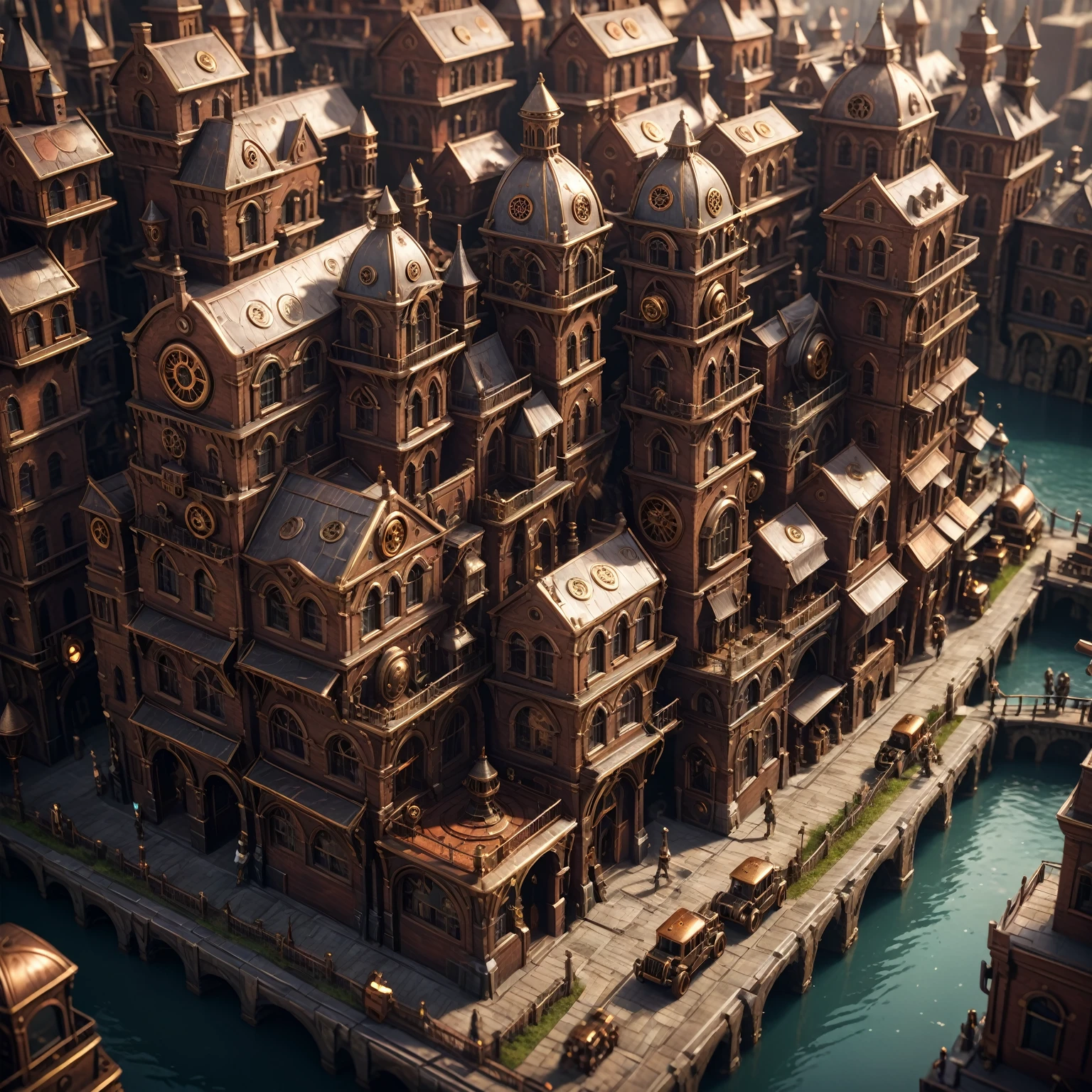 isometric, steampunk city, masterpiece, 8k, high resolution, shallow depth of field, sharp focus
