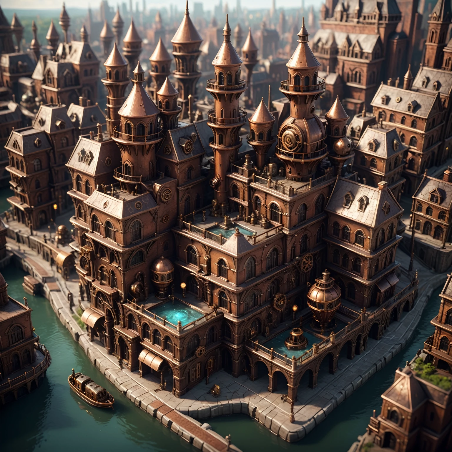 isometric, steampunk city, masterpiece, 8k, high resolution, shallow depth of field, sharp focus