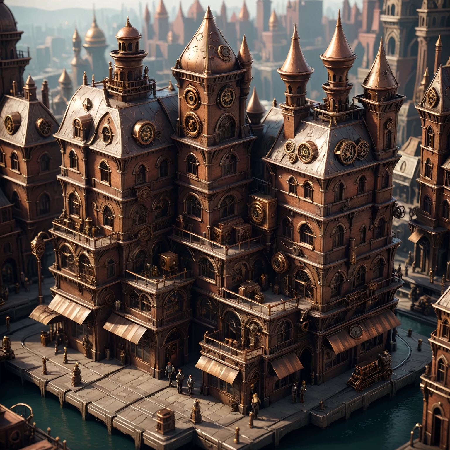 isometric, steampunk city, masterpiece, 8k, high resolution, shallow depth of field, sharp focus