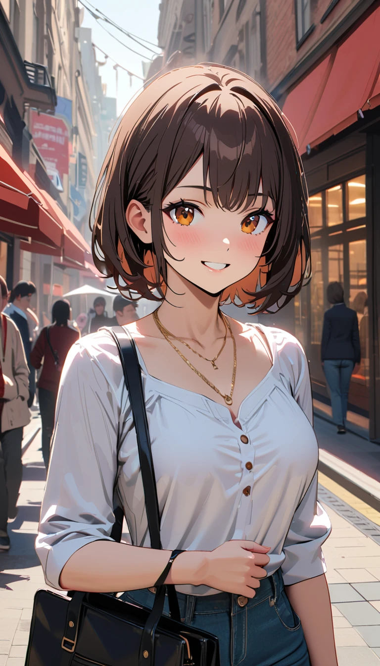 modern, Verism, masterpiece, textured skin, super detail, best quality, 4K, (upper body), a beautiful woman, dark brown hair, white blouse , smile , BREAKE carrying a designer bag in her hand, strolling through city