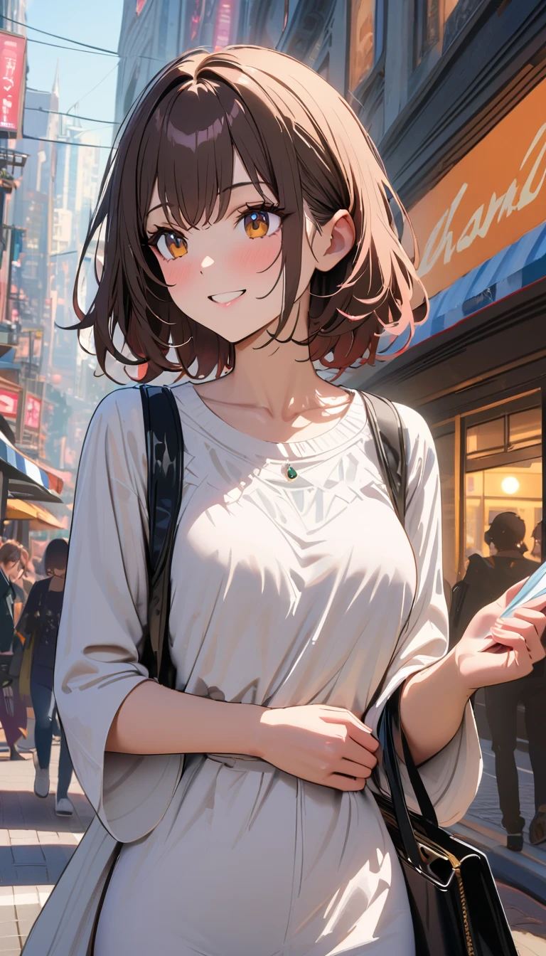modern, Verism, masterpiece, textured skin, super detail, best quality, 4K, (upper body), a beautiful woman, dark brown hair, white blouse , smile , BREAKE carrying a designer bag in her hand, strolling through city