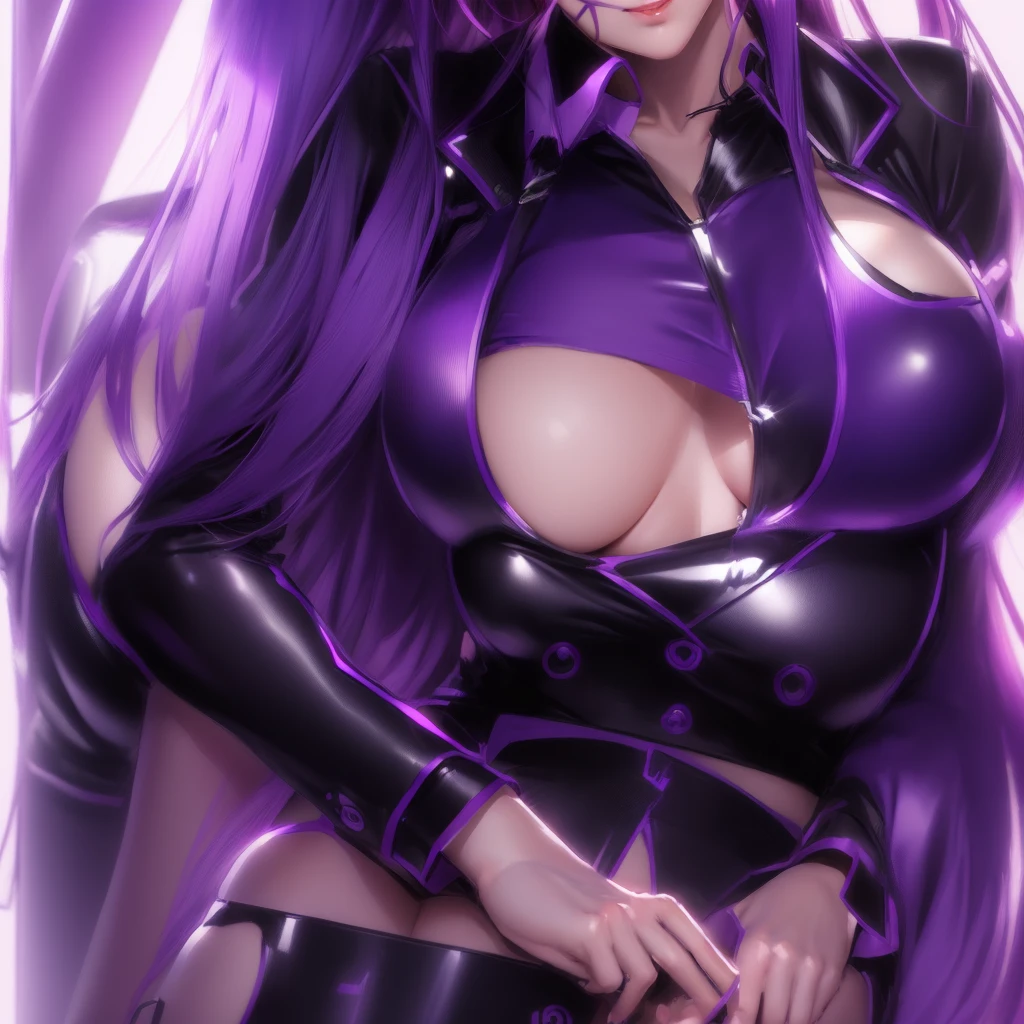 Purple haired anime girl sitting in a red chair, Enchanting anime girl, misato katsuragi, tits, I also make fan art, sfw version, Beautiful and attractive anime woman, biomechanical tits, Nico Robin, Beautiful and attractive anime , Anime Moe Art Style, Naughty anime style, Her breasts are covered and she's SFW,Naughty expression,Ecstatic expression