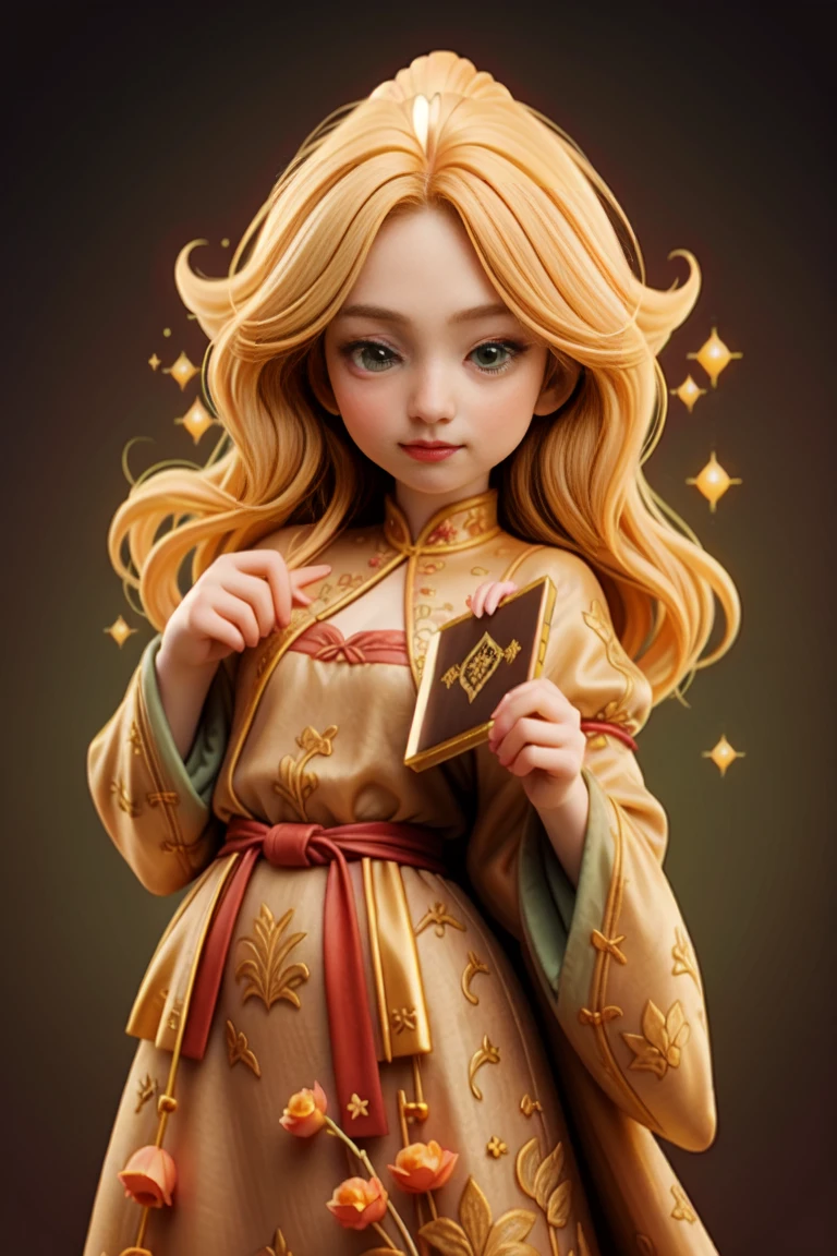 an epic colorful book cover of a 20th century young Blonde 20 year old Swedish witch, green eyes, transported in Tang Dynasty times in ancient China, European face, Tang dynasty clothes, wearing colorful red hanfu, neutral expression, holding a shining magic book, in a palace room, masterpiece, best quality, trending on artstation, intricate details, eerie magical atmosphere, sparkles, epic background, Chinese palace in the background