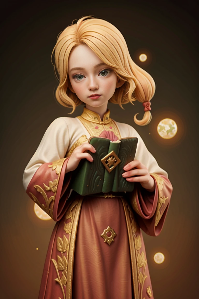 an epic colorful book cover of a 20th century young Blonde 20 year old Swedish witch, green eyes, transported in Tang Dynasty times in ancient China, European face, Tang dynasty clothes, wearing colorful red hanfu, neutral expression, holding a shining magic book, in a palace room, masterpiece, best quality, trending on artstation, intricate details, eerie magical atmosphere, sparkles, epic background, Chinese palace in the background