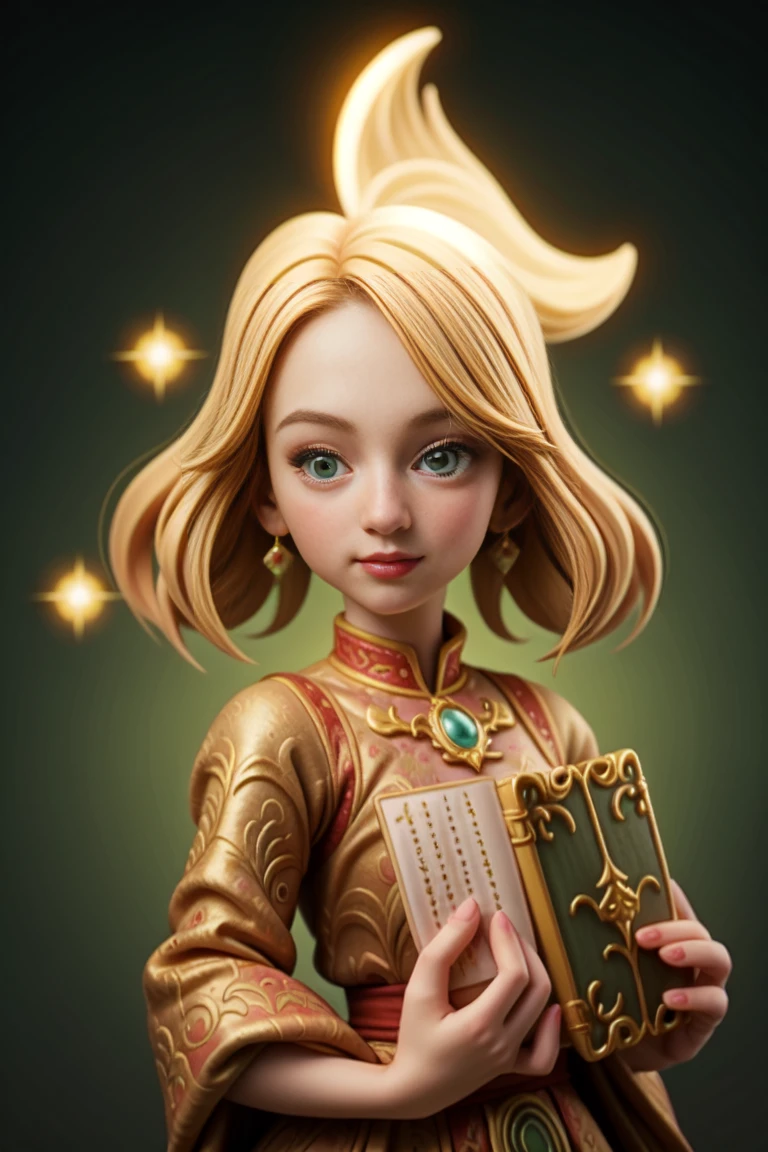 an epic colorful book cover of a 20th century young Blonde 20 year old Swedish witch, green eyes, transported in Tang Dynasty times in ancient China, European face, Tang dynasty clothes, wearing colorful red hanfu, neutral expression, holding a shining magic book, in a palace room, masterpiece, best quality, trending on artstation, intricate details, eerie magical atmosphere, sparkles, epic background, Chinese palace in the background