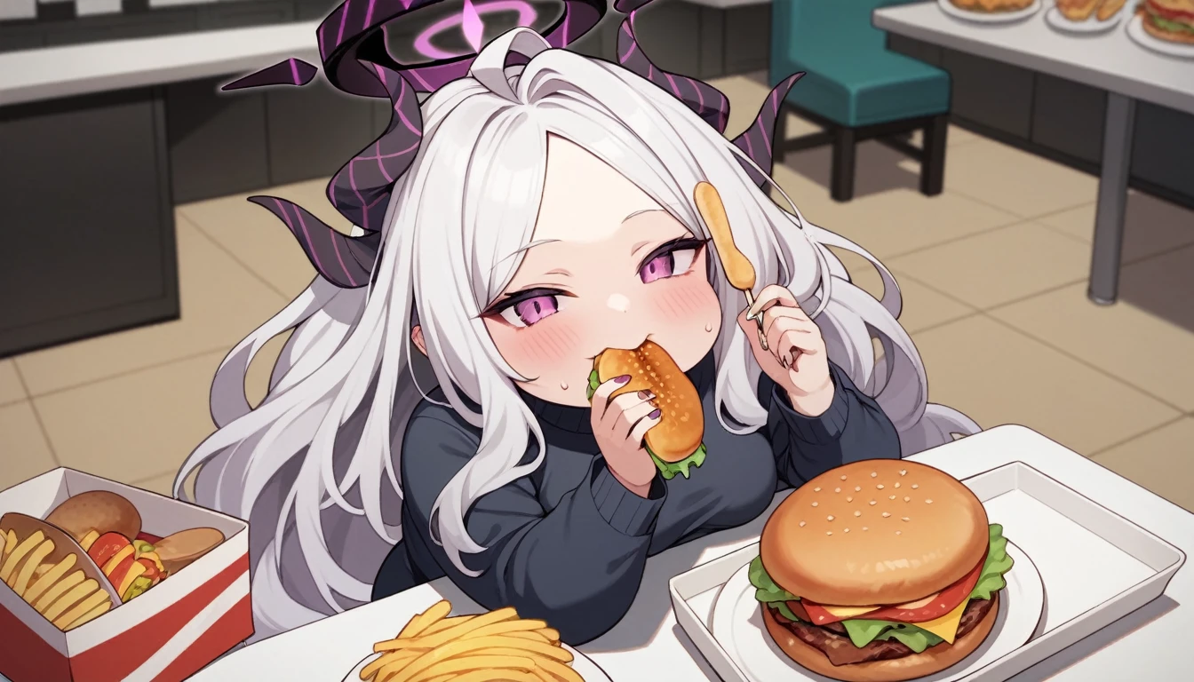 score_9, score_8_up, score_7_up , score_6_up, source_anime, hina_\(blue_archive\), long hair, purple eyes, white hair, horns, halo, moan, small breasts, sweaty, blushed, eating, potato, hamburger, McDonald's, indoors, happy, looking at viewer, chubby, plump, obese, curvy, voluptuous, shortstack, short, full body