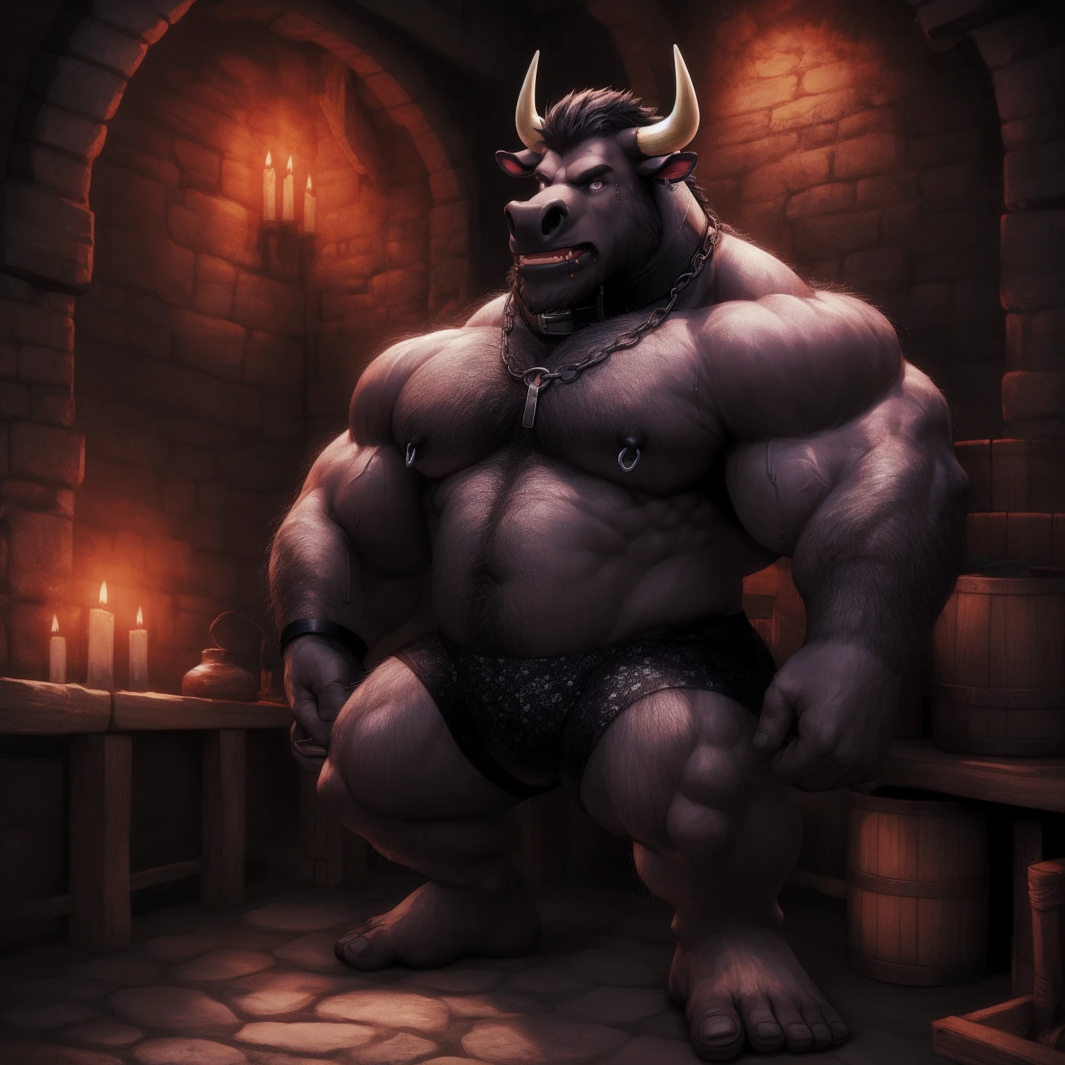 In the dungeon, The hairy black bull's hands were handcuffed and hung in the air, Feet tied.{Wearing iron handcuffs} There is a round iron ring in the mouth{Because I have rims, ;Wear a collar around your neck, Drooling, Black cow with nipple ring, Muscular body, No clothes, Wearing a thong, Heavy sweating, The front image shows a strong cow,Wearing nipple rings,Hands and feet are handcuffed,Wearing a collar around the neck,Strong black bull minotaur