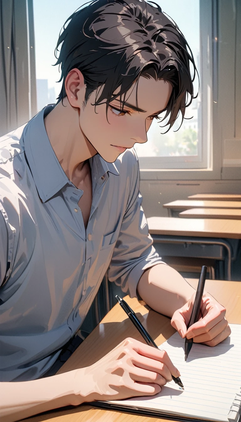 modern, Verism, masterpiece, textured skin, super detail, best quality, 4K,One good young man,Black short hair,Taking classes at a university,is writing in a notebook on the desk,right handed,Sitting,In the university classroom.
