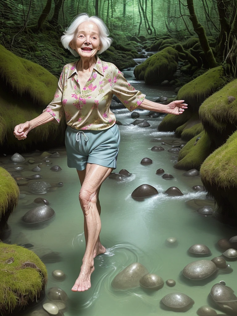 86 year old woman, happy and calm appearance,with baggy shorts,loose printed blouse, hair moving through the air, walking barefoot over a stream of crystal clear water, with pebbles and moss, 