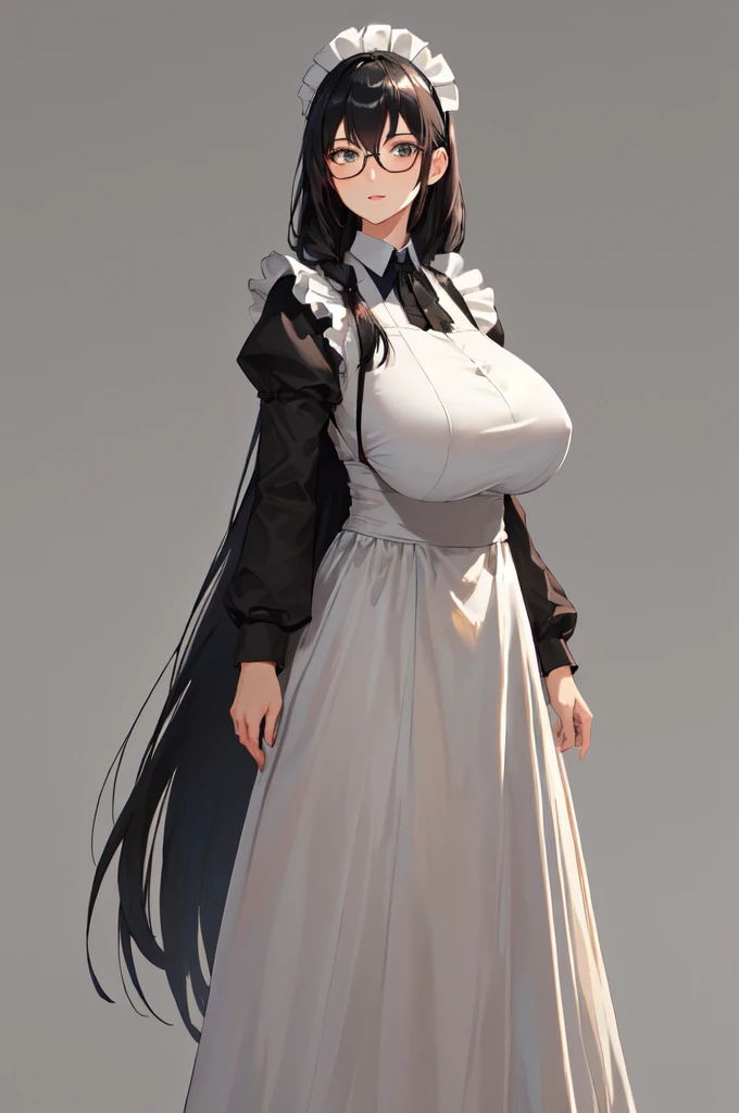 {{masterpiece}},high quality, 4K, 2D, 1 girl,{simple gray background},(attractive mature lady:1.6),milf,standing,sagging breasts,(gigantic breasts:1.5),maid,front face,{{tareme}},attractive mature lady,black hair, {from right in front of face and body},View viewers from front,{front facing shot},Wear glasses,(serious:0.1)