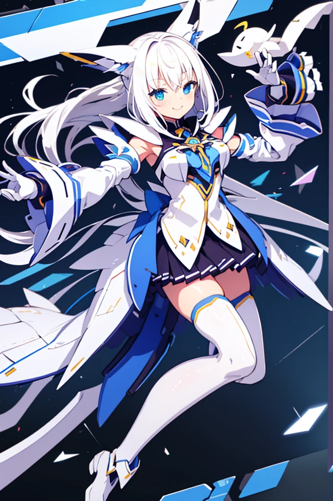 mecha wings、Yellow Skirt、Accentuated thighs、White tights、chest、Beautiful white hair、1 girl、solo girl、Thick thighs、IS、Frame Arms Girl、Alice Gere Aegis、armor、Blue and purple lines、income、headphone、hand on own chest、smile、Idol Costume
