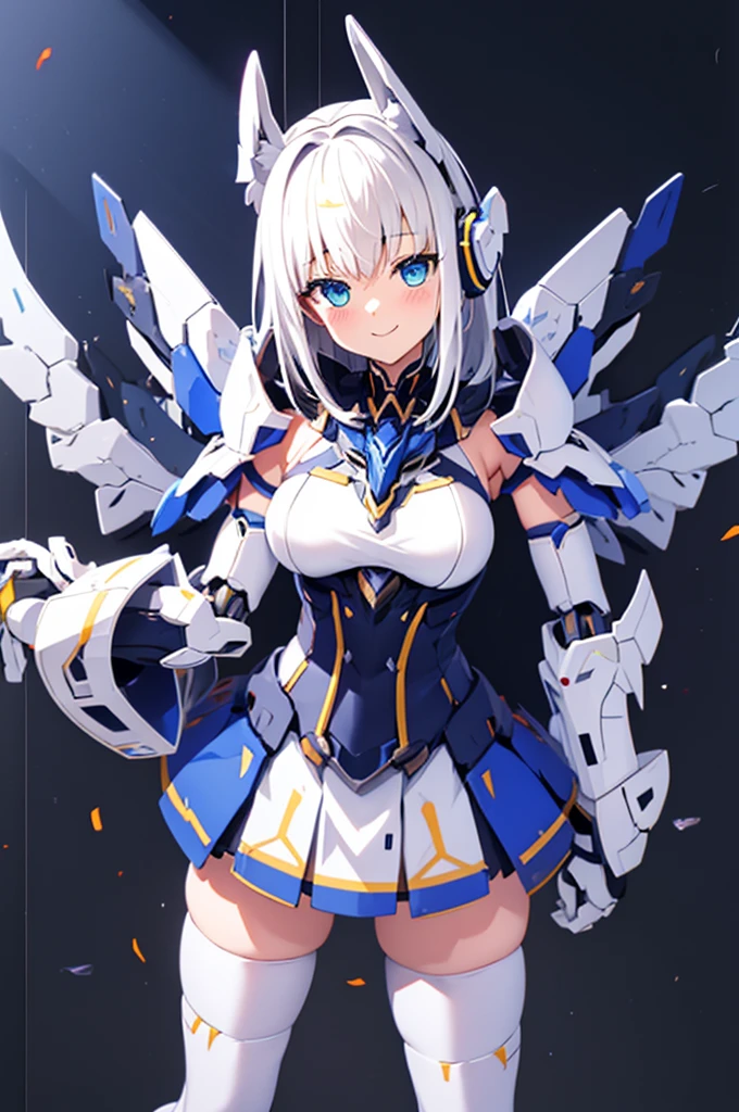 mecha wings、Yellow Skirt、Accentuated thighs、White tights、chest、Beautiful white hair、1 girl、solo girl、Thick thighs、IS、Frame Arms Girl、Alice Gere Aegis、armor、Blue and purple lines、income、headphone、hand on own chest、smile、Idol Costume
