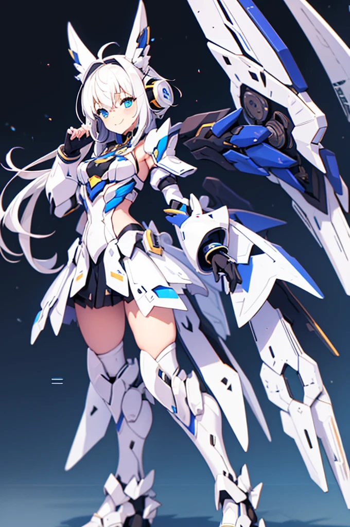 mecha wings、Yellow Skirt、Accentuated thighs、White tights、chest、Beautiful white hair、1 girl、solo girl、Thick thighs、IS、Frame Arms Girl、Alice Gere Aegis、armor、Blue and purple lines、income、headphone、hand on own chest、smile、Idol Costume
