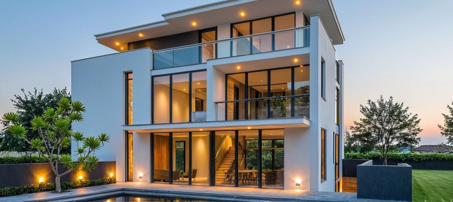 Masterpiece, high quality, best quality, authentic, super detail, outdoors, onestoreyvillaXL, aiaigroup, house style modern on the street ,stairs, white wall ,road,pavement, grass, trees, sky, cloud, (daylight:1.1)