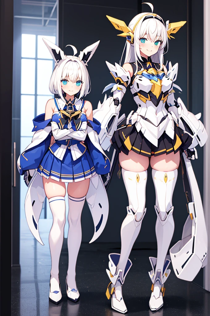 mecha wings、Yellow Skirt、Accentuated thighs、White tights、chest、Beautiful white hair、1 girl、solo girl、Thick thighs、IS、Frame Arms Girl、Alice Gere Aegis、armor、income、headphone、hand on own chest、smile、Idol Costume