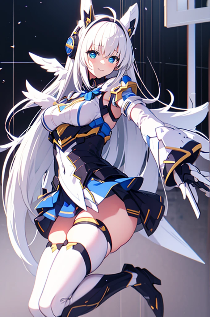 mecha wings、Yellow Skirt、Accentuated thighs、White tights、chest、Beautiful white hair、1 girl、solo girl、Thick thighs、IS、Frame Arms Girl、Alice Gere Aegis、armor、income、headphone、hand on own chest、smile、Idol Costume