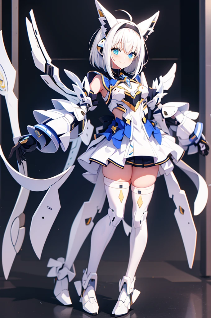 mecha wings、Yellow Skirt、Accentuated thighs、White tights、chest、Beautiful white hair、1 girl、solo girl、Thick thighs、IS、Frame Arms Girl、Alice Gere Aegis、armor、income、headphone、hand on own chest、smile、Idol Costume