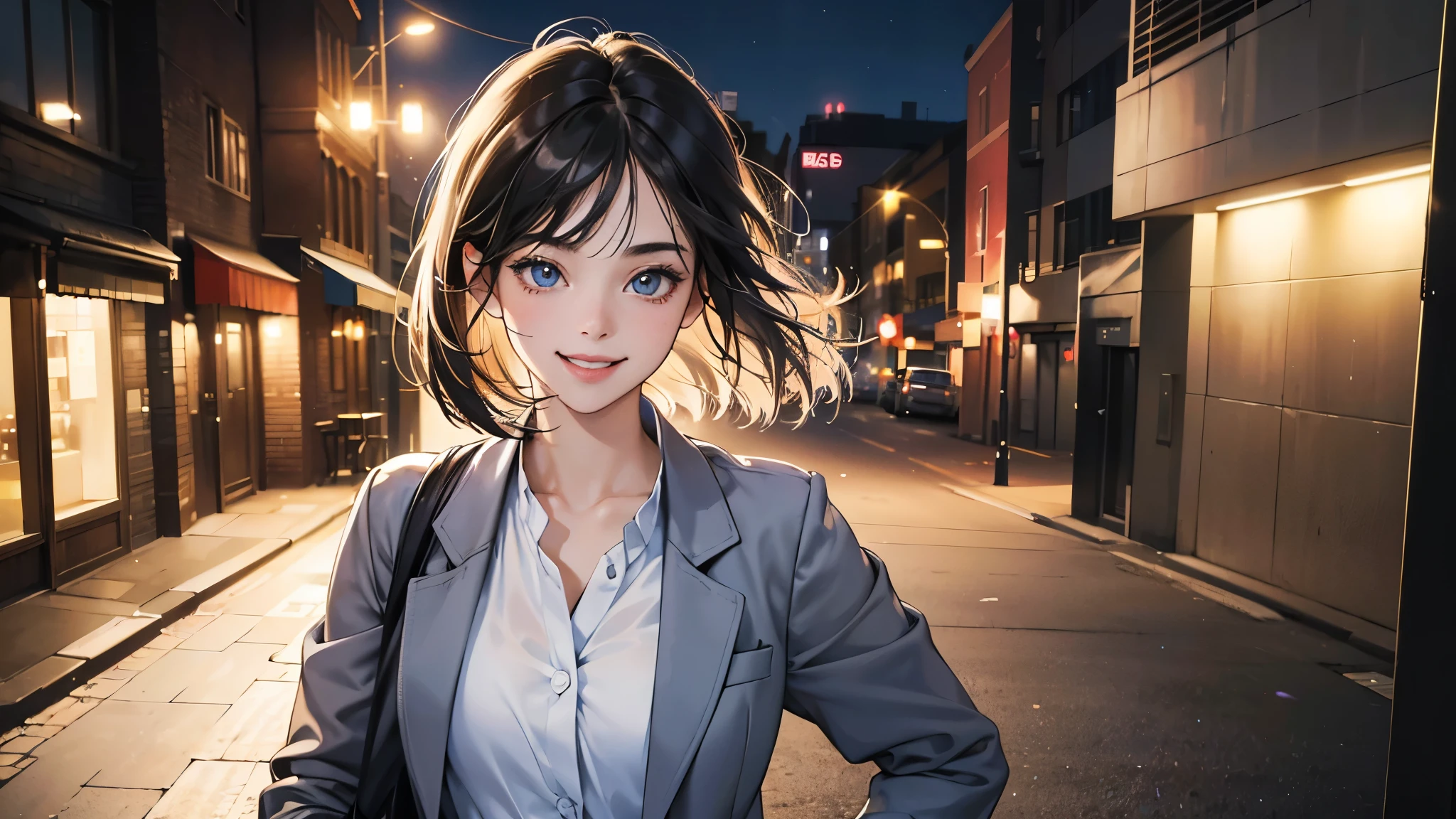 (perfect anatomy:1.2)(absurdres, highres, ultra detailed),masterpiece,best quality,high resolution,8k,Realistic face,Realistic skin texture,magnified textures, stunning clarity,detailed anime girl,(ultra detailed eyes and face),(1 girl:1.5)21years old,she is office worker,,black hair, bob cut,natural make,grey jacket,grey pants,white brouse,sparkling eyes.small nose,roundface,(Plays the acoustic guitar on the street),night,bussines district,she is walking,(looks happy:1.5),feeling freedom,(smile:1.5),(look at viewer),upper body