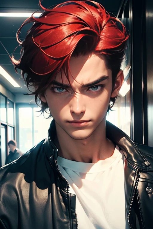 (tmasterpiece, high resolution, ultra - detailed:1.0), (1 male, masculine face), Perfect male body, Adult male, Delicate eyes and delicate face, Extremely detailed CG, Unity 8k wallpaper, Complicated details, Detailed face, (red hair, messy hair, serious faces, white T-shirt,Bad students), (frown,evil smile:1.3), hand in pocket, school corridor,black leather jacket, color difference, Depth of field, dramatic shadow, Ray tracing, Best quality, Cinematic lighting, offcial art,Portrait