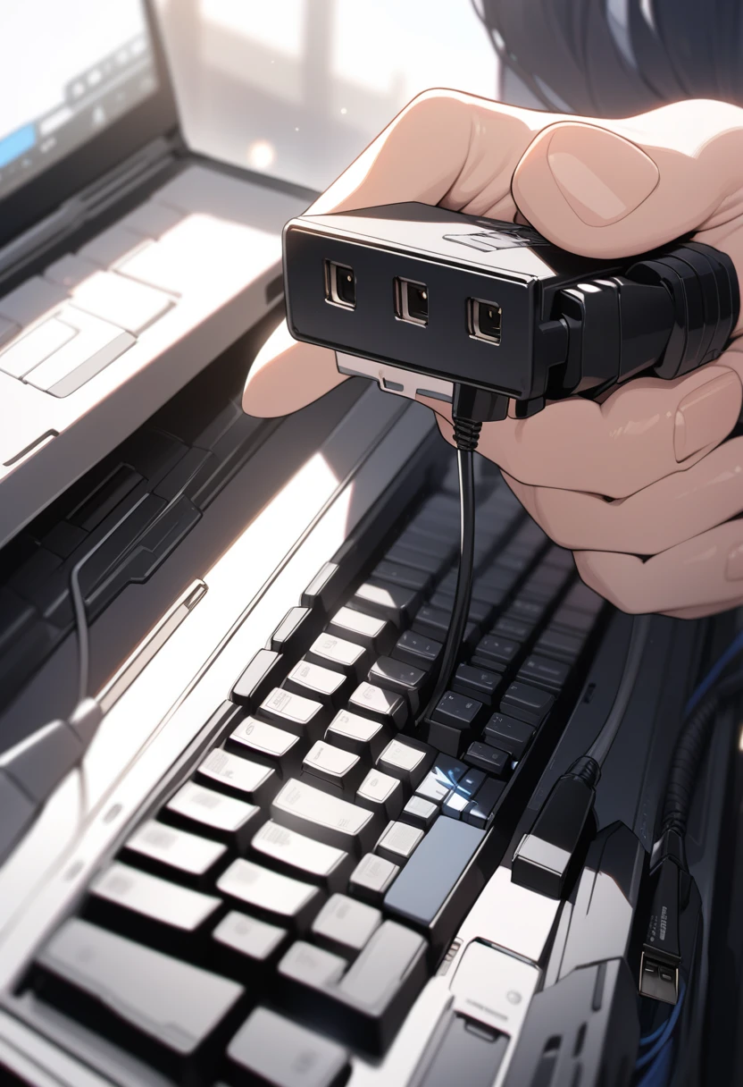 ((background only)),masterpiece, best quality, extremely detailed, ultra detailed, flat anime, 2D, close-up of a hand, inserting a USB flash memory into a laptop's USB port, laptop keyboard is visible, the USB flash memory has a black casing,