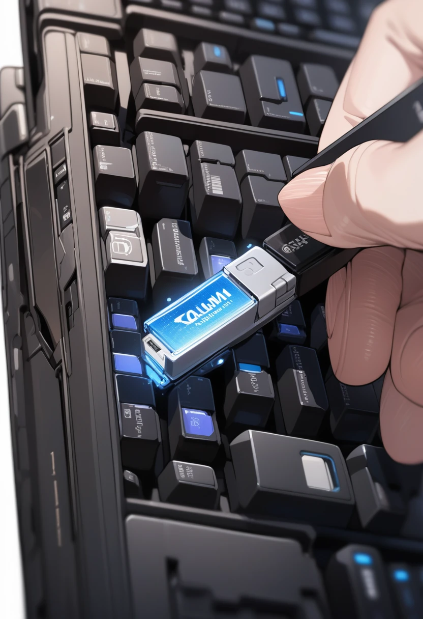 ((background only)),masterpiece, best quality, extremely detailed, ultra detailed, flat anime, 2D, close-up of a hand, inserting a USB flash memory into a laptop's USB port, laptop keyboard is visible, the USB flash memory has a black casing,