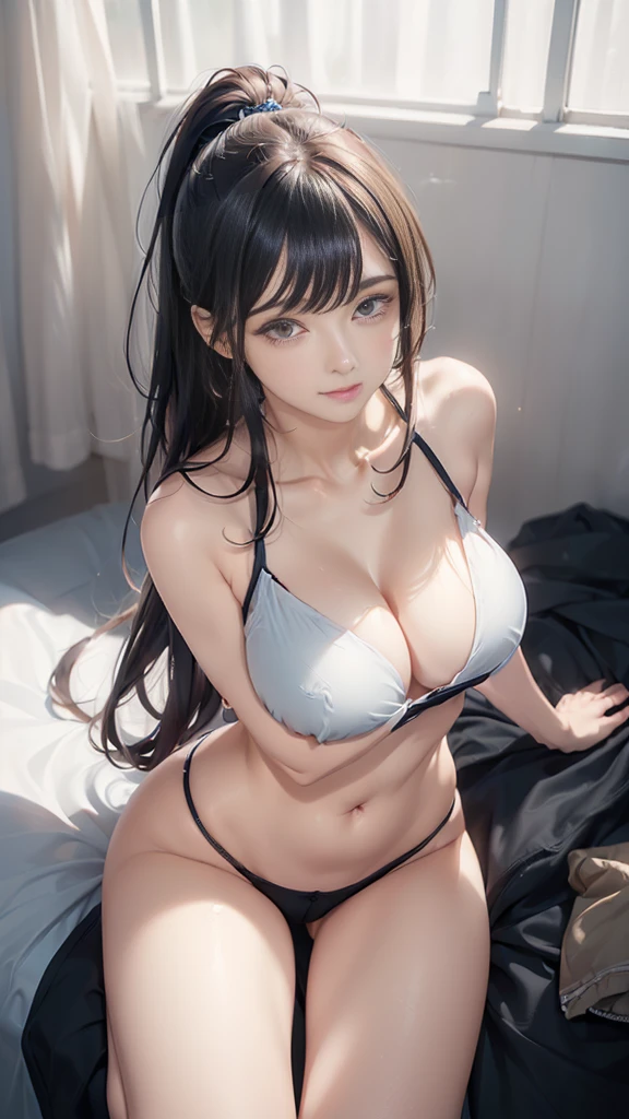 ((One Girl:1.8),Curvy,,Beautiful breasts,Large Breasts,Smooth Skin,(Pointed Chest),(Erect nipples)),((Realistic:1.2),8k,Ultra HD,High resolution,Highest quality,masterpiece,(Chest:1.3),(Top view:1.5),(bold:1.5)),(length high ponytail:1.5),(Thin Hair:1.8),(Straight hair:1.5),(length, sleek bangs:1.5),(Very light coppery amber hair),((Hair on one eye:1.2)),((Dressed),camisole:1.5),(Bedloo,sunlight:1.5),(Pornographic images:1.5),Beautiful Hands,Beautiful fingers