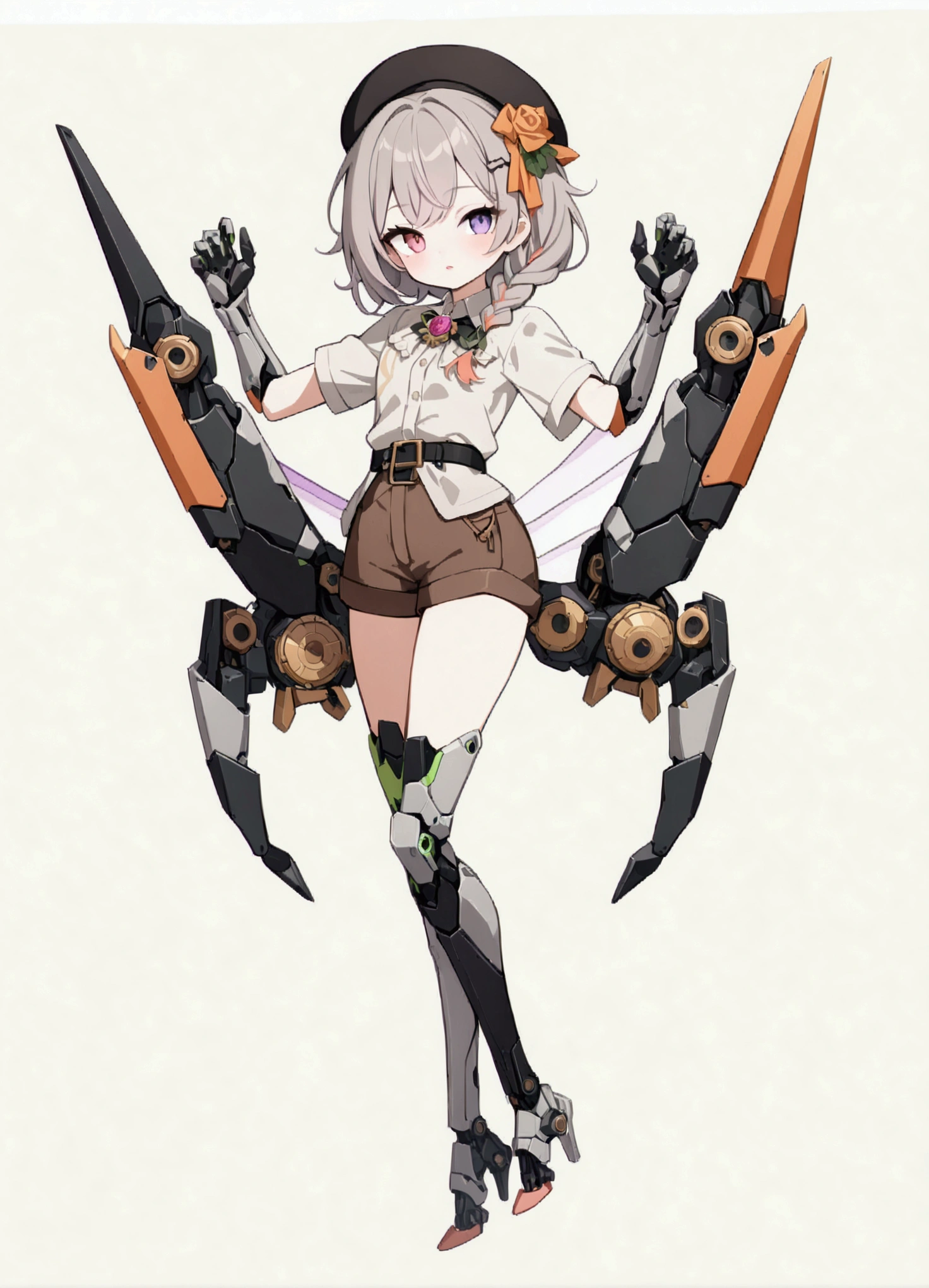woman 165cm tall, slim build, , charming look, ((heterocromia: look like, derecho naranja y look like izquierdo violeta)), (Shoulder Length Wavy Gray Hair, a short braid on the left side of the hair, big open bangs, golden gear hairpin in hair), (((complex mechanical legs up to the hip, The legs are black with gray parts with small pink details))), (((complex mechanical arms up to the elbows, The arms are black with gray parts with small pink details))), (complex white mechanical angel wings with pastel green parts), (elegant black French beret with an orange rose ribbon), (stylish short sleeve button down shirt, brown shorts from the waist, elegant black belt, small rose brooch on the neck, beautiful mechanical stiletto heels), (((character design sheet: Front view))), (((Whole body))), extremely detailed beautiful hair, beautiful detailed clothing, extremely detailed arms, extremely detailed face, (Extremely detailed hands), perfect hands, small face, hermosos look likes detallados, beautiful detailed lips, adorable, extremely detailed legs, (Best Quality, 8k, ultra resolution), ultra detailed, Exquisite and epic character art, ((Pastel brown background)), (Focus on symmetry), (extremely detailed wings).