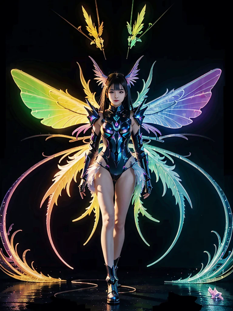 1girl, Armor, Wings, beautiful dragon, futuristic evolved Nekomata, (Neon glowing body), 2 tails, holographic, (The wings are symmetrically paired;1.5), Tricolor color